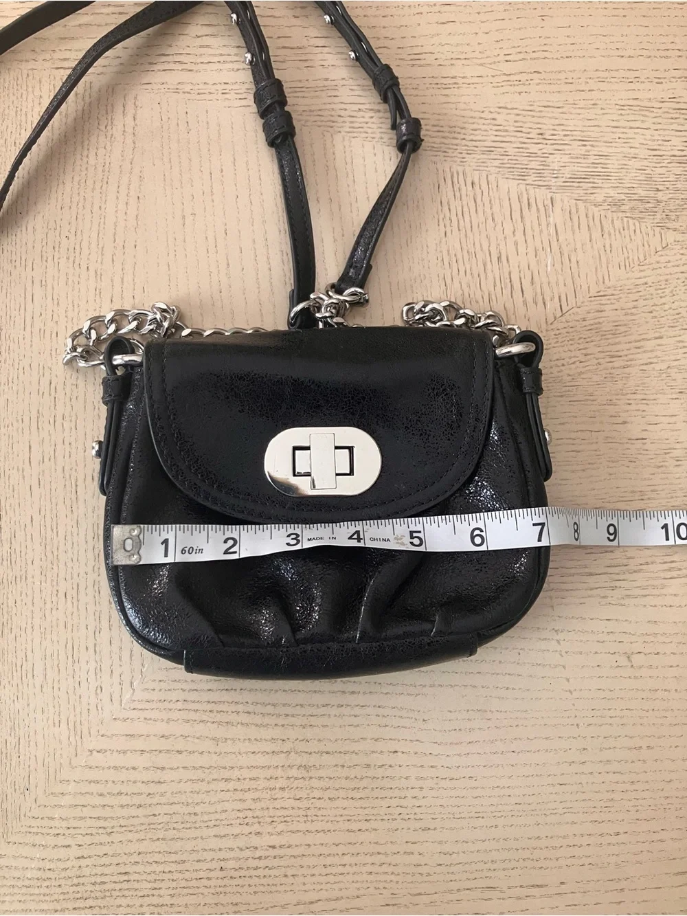 Badgley Mischka Black Wrinkled Leather Crossbody Mini Silver Chain and Turn-Lock